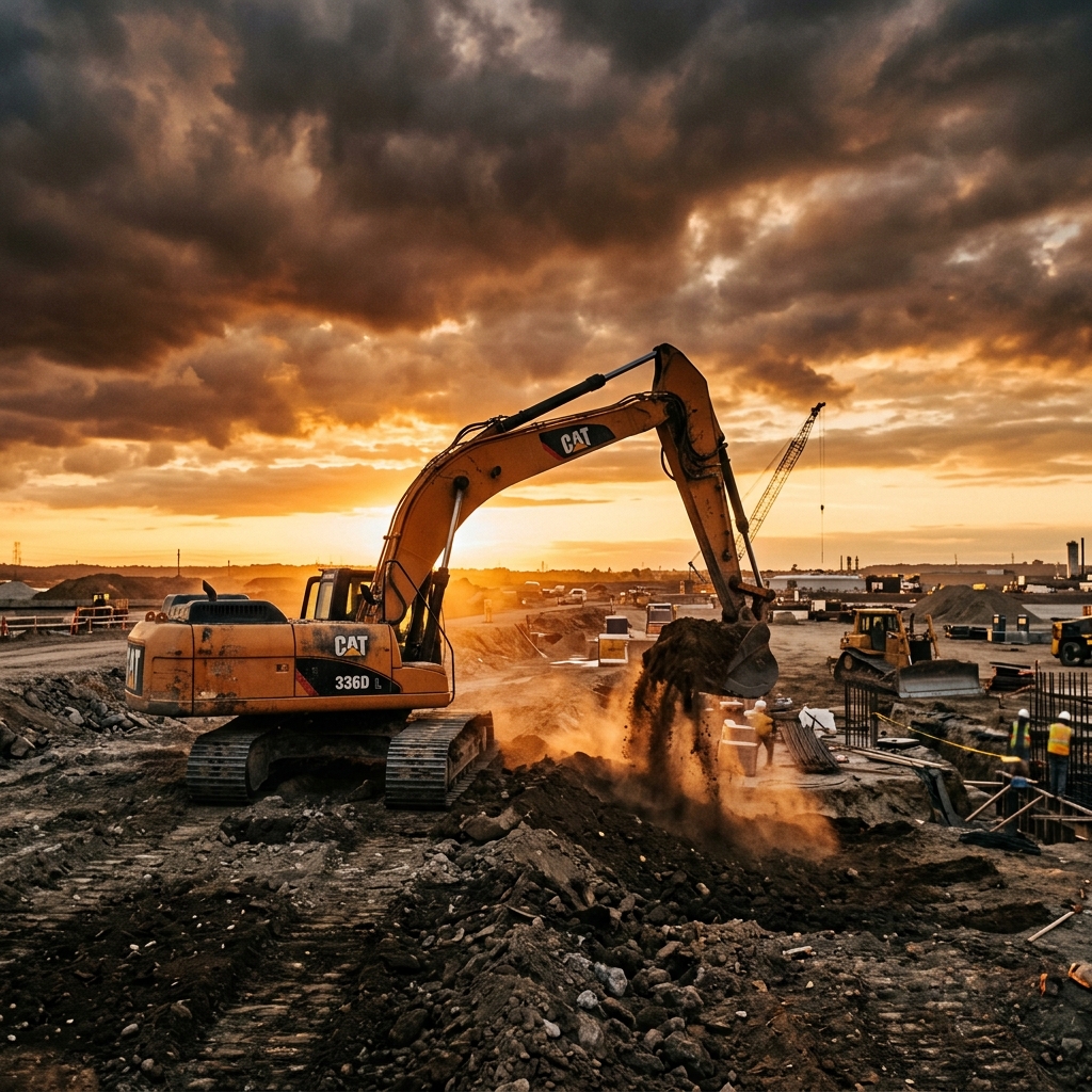 Excavadora trabajando en obra de movimiento de tierras en Castilla-La Mancha